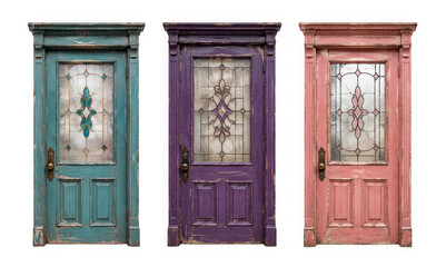 Fototapeta premium Three colorful vintage wooden doors with stained glass isolated on transparent background