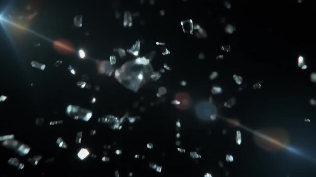 Cinematic shot of broken glass pieces exploding and floating in the air with dramatic lens flare effects against a dark backdrop.