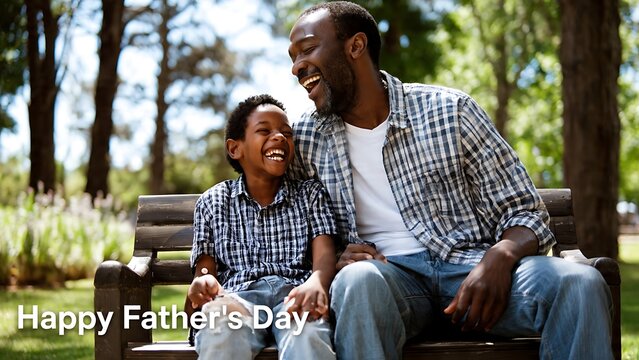 Happy Fathers Day cheerful dad embracing son outdoors.