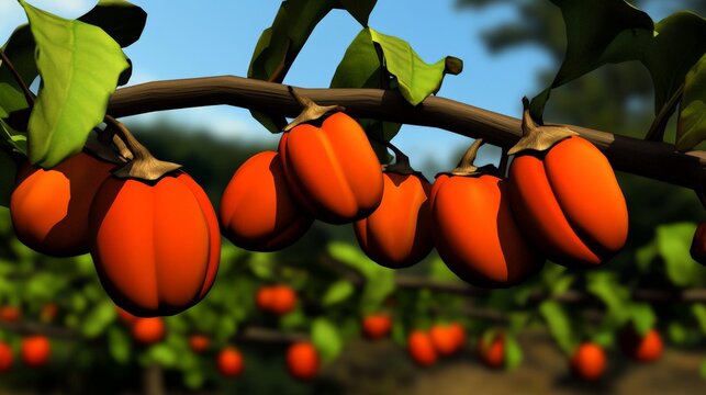 A detailed close-up shot of several ripe orange persimmon fruits hanging from a leafy tree branch in a sunny orchard with a blurred background under a bright blue sky.