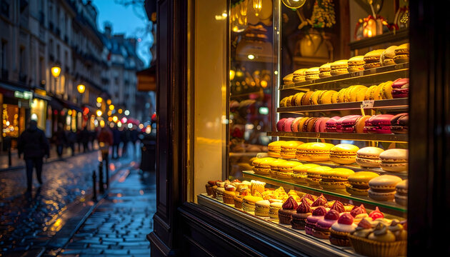 Bakery window in Paris at night with colorful macarons eclairs and tarts reflecting soft yellow light onto dark cobblestone streets generative AI