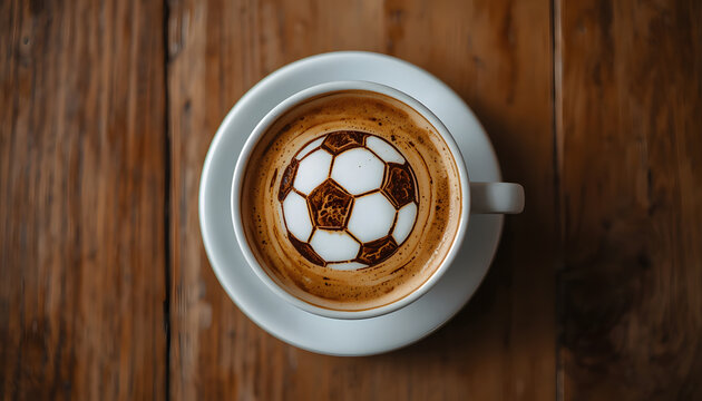 Top view of coffee cup with soccer ball design on wooden table