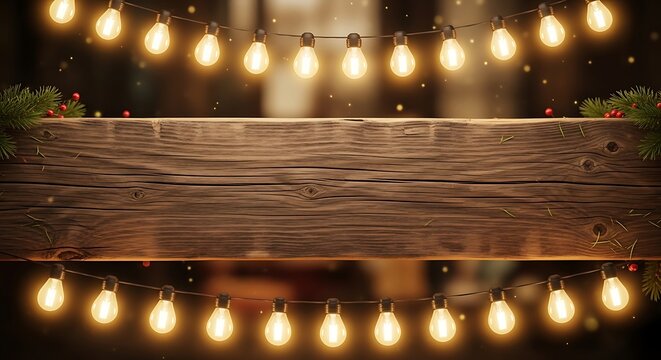 Merry christmas rustic wood background with string lights and holiday decor