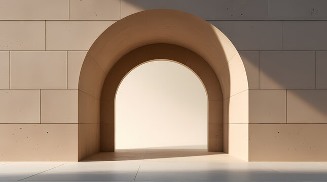 Empty minimalist architectural limestone arch opening with dramatic back lighting for product presentation