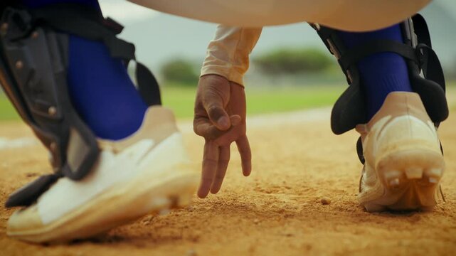 A baseball catcher signals from behind home plate. The player gives hand signs on the dirt field, ready for the next pitch. Focus on strategy and play.