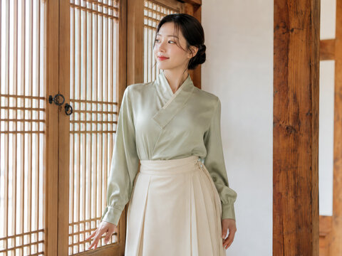 Korean Woman in Sage Hanbok Blouse by Wooden Lattice Window