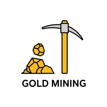 Gold mining tool and nuggets icon with text label.