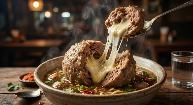 Giant Indonesian bakso filled with melted mozzarella cheese, cheese pull effect, hot steaming broth, dramatic close-up, ultra realistic food photography, cinematic lighting, highly droasted lamb