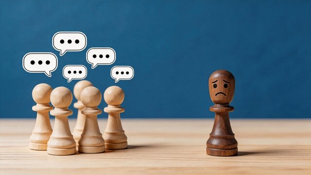 Lonely dark chess piece separated from group, feeling excluded and isolated, social rejection concept, bullying metaphor, sadness, depression, mental health awareness, emotional