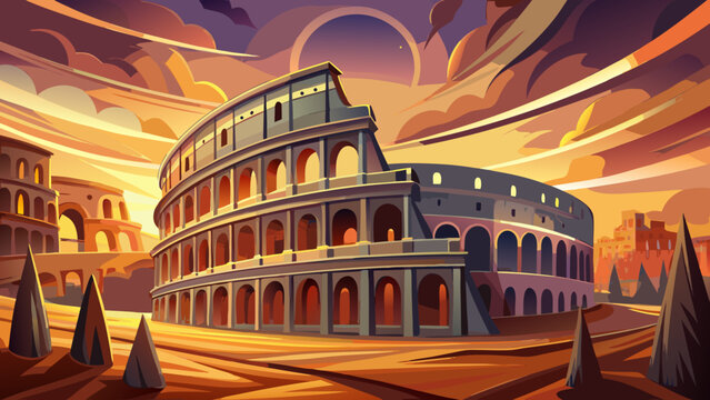 Very beautiful Roman Colosseum poster featuring the magnificent ancient amphitheater illuminated by golden evening light, historic stone architecture, dramatic skies, and a timeless atmosphere celebra