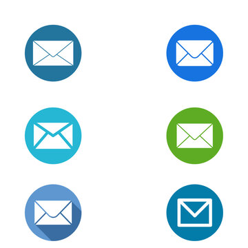Envelope email notification icons. Blue and green round mail button vector set on white background.