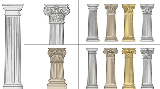 Classical Architectural Column Collection Featuring Doric Ionic and Corinthian Pillars for Historic Architecture and Decorative Design