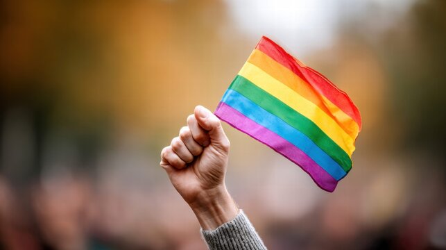Hand holding a rainbow flag in support of LGBTQ rights and pride.