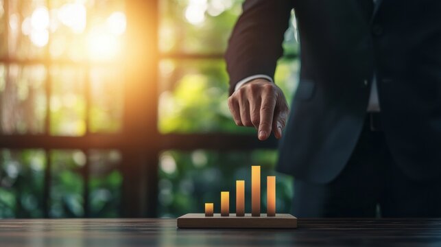 Statistic Business leader pointing at a rising statistic on a board during a meeting.