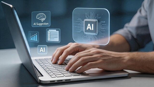 Artificial intelligence chip hologram over laptop keyboard, AI suggestion technology concept, machine learning data analysis, neural network brain icon, digital transformation,