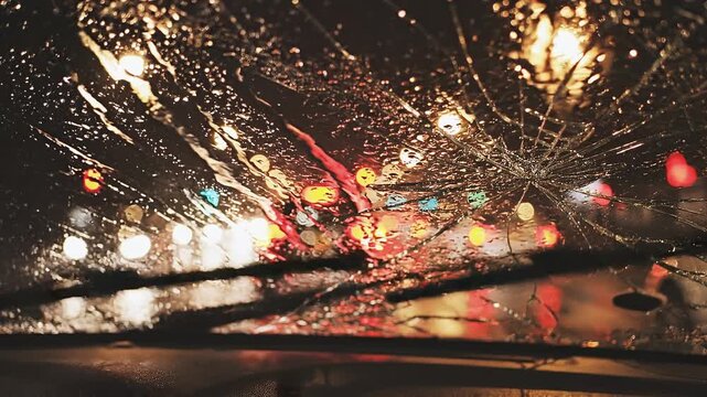 Cracked windshield captures a blurred view of city lights during a rainy night, showcasing reflections and vibrant colors from vehicles and streetlights in the background
