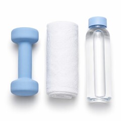 Obraz premium Blank round dumbbell in soft pastel blue neoprene finish rounded circular ends with clean empty faces paired with a neatly rolled white workout towel and a simple clear water bottle