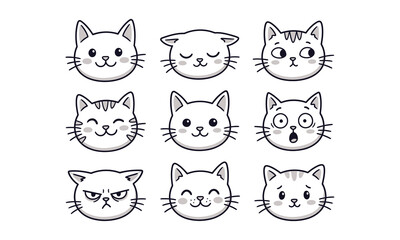 Fototapeta premium Nine cartoon cat faces with various expressions on white background silhouette