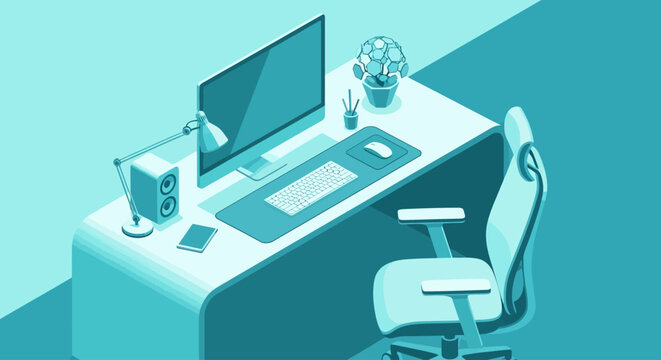 Isometric modern office desk setup with computer and chair