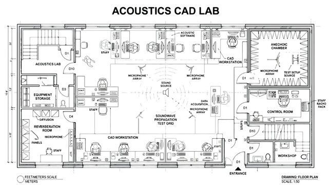 CAD Acoustics CAD Lab Engineering Floor Plan Vector for Architectural Design, Sound Research Facility & Technical Construction Documentation (EPS)