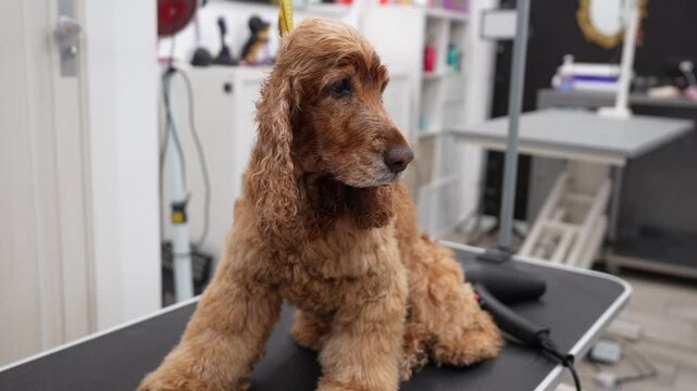 Cute and calm brown english cocker spaniel with curly hair sitting patiently on a grooming table at a professional pet salon