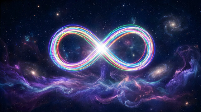 Glowing infinity sign composed of cosmic light and nebula clouds with infinity