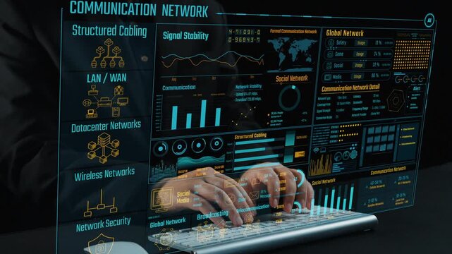 Explore a high-tech communication network interface displaying vital data on stability, performance, and security of modern connectivity systems. Ideal for tech-focused projects. Cipher