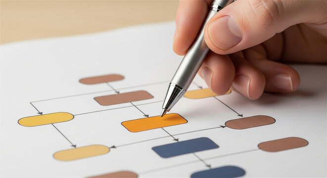 Business process flowchart on paper, hand holding silver pen pointing to organizational diagram, corporate strategy and workflow planning