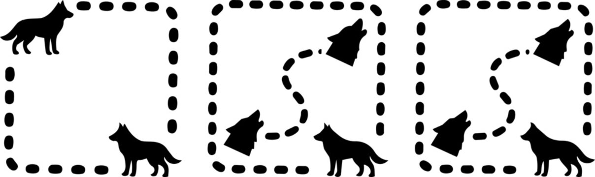 Set of wolf silhouette icons with dashed frames and communication symbols isolated on transparent background wildlife design