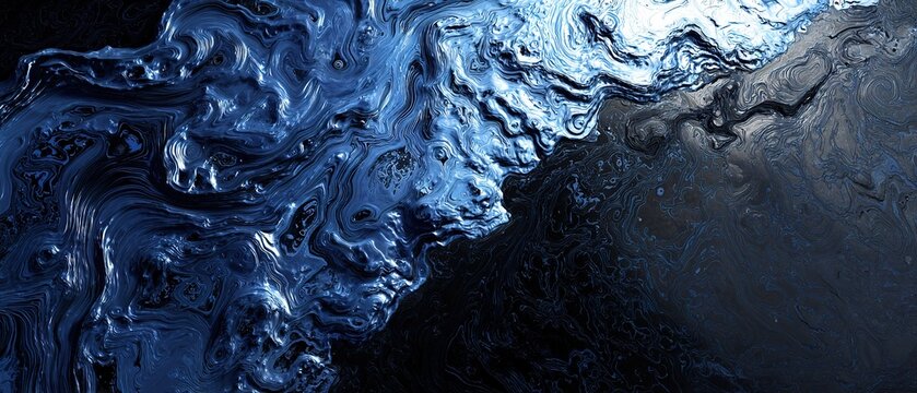 Abstract blue metallic liquid swirling over a dark surface