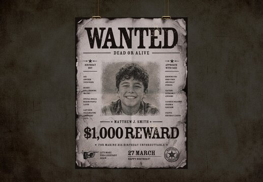 Vintage Wanted Poster Template, Old West Western Flyer & Retro Bounty Birthday Invite Layout