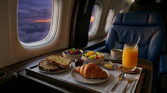 Breakfast tray served on private jet during sunset flight