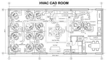 Fototapeta premium CAD HVAC CAD Room Architectural Blueprint Floor Plan Vector for Engineering Projects, Office Construction Planning & Mechanical System Design (EPS)