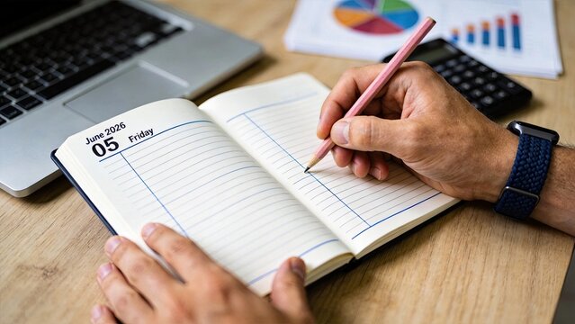 Person writing in planner notebook with date June 5, 2026 on wooden desk with laptop and calculator for business planning, organization and time management concept