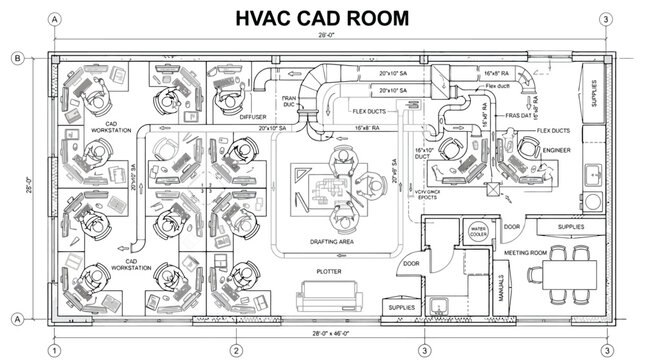 CAD HVAC CAD Room Architectural Blueprint Floor Plan Vector for Engineering Projects, Office Construction Planning & Mechanical System Design (EPS)