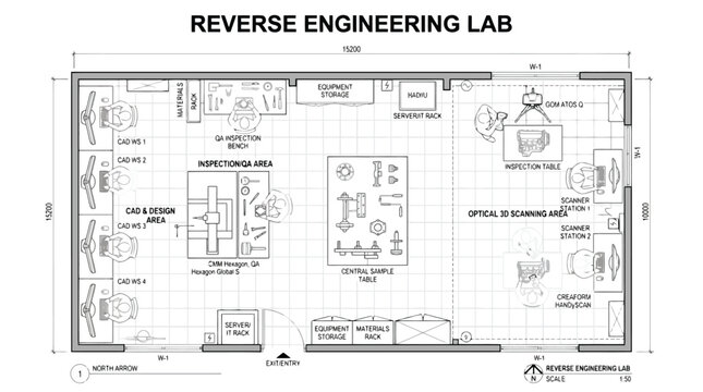 CAD Reverse Engineering Lab Floor Plan Technical Blueprint Vector for Industrial Facility Design, Architectural Planning & Workspace Layout Management (EPS)