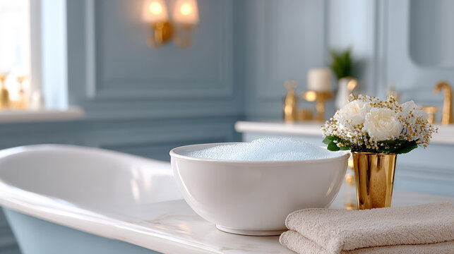 Bubble bath bowl with fresh flowers and folded towel on enamel tub edge for spa bathroom background and wellness poster