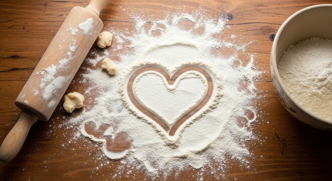 Heart shape drawn in flour on a wooden kitchen table