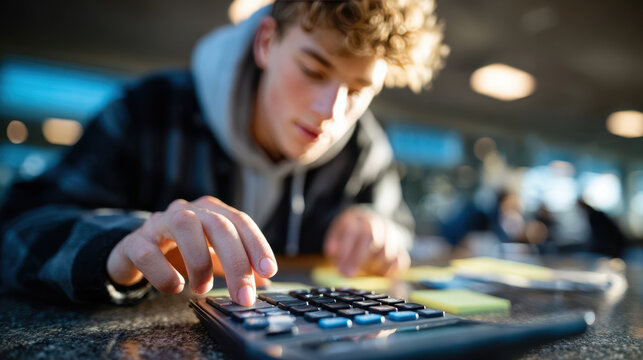 Close up of student pressing calculator buttons on desk with notebooks and notes for study background and math practice in high school learning environment