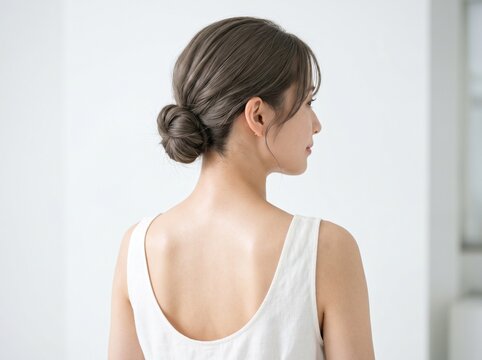 Photorealistic beauty clinic advertisement photo of a Japanese woman in her 20s. Natural three-quarter rear view (slightly angled from behind), creating a relaxed and elegant pose. Full head visible w