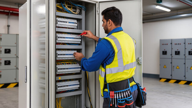 Electrician working on electrical panel with fuses and wires
