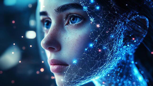 Young woman face merging with glowing blue digital network lines in a cinematic sci fi scene
