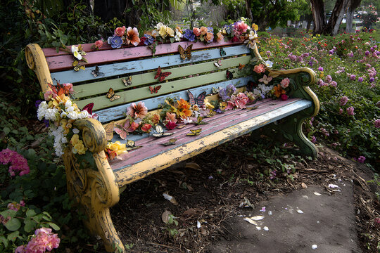 a bench with flowers on it in a garden