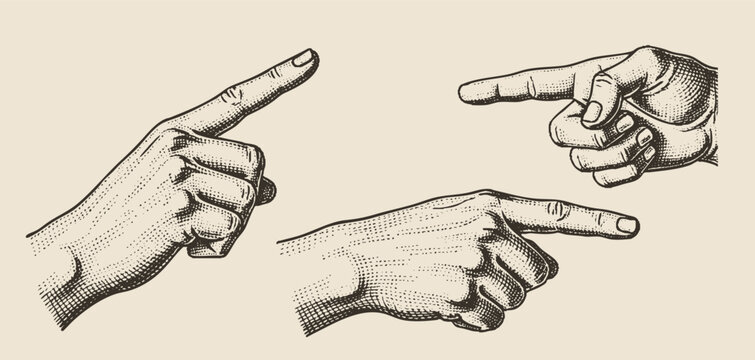 Pointing hand sketch. Forefinger, index finger. Vintage, retro vector illustration