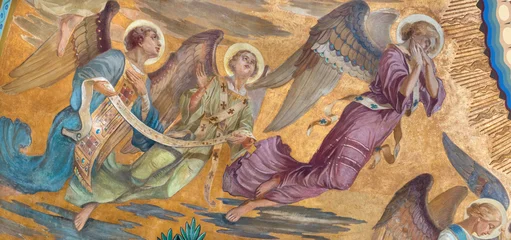 Fototapeten Jesus Christus MONZA, ITALY - MARCH 19, 2026: The fresco of angel adorated Jesus the Pantokrator in main apse of the church Chiesa di San Carlo by Grandi from year 1925.  © Renáta Sedmáková