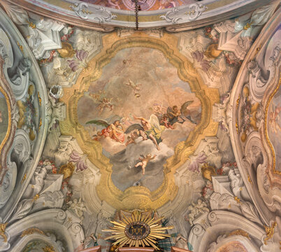 MONZA, ITALY - MARCH 19, 2026: The baroque fresco of angesl with the crown (marianic symbol) in the Cathedral by Carlo Innocenzo Carloni (1738 -1740).