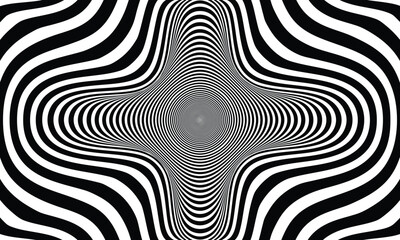 Fototapeta premium Abstract hypnotic pattern with black-white striped lines. Psychedelic background. Op art, optical illusion. Modern design, graphic texture.