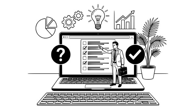 Businessman standing in front of laptop with checkmark and question mark