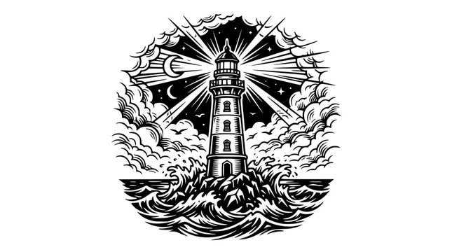 A black and white vector lighthouse illustration on a rocky shore