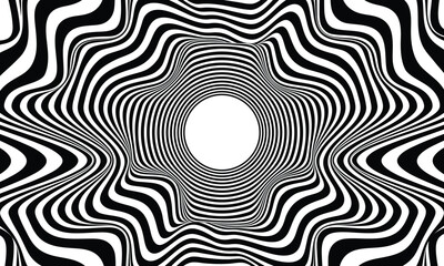 Fototapeta premium Abstract hypnotic pattern with black-white striped lines. Psychedelic background. Op art, optical illusion. Modern design, graphic texture.
